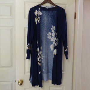 NY Collection Blue Floral Open Cardigan Sweater Duster V-neck, XL